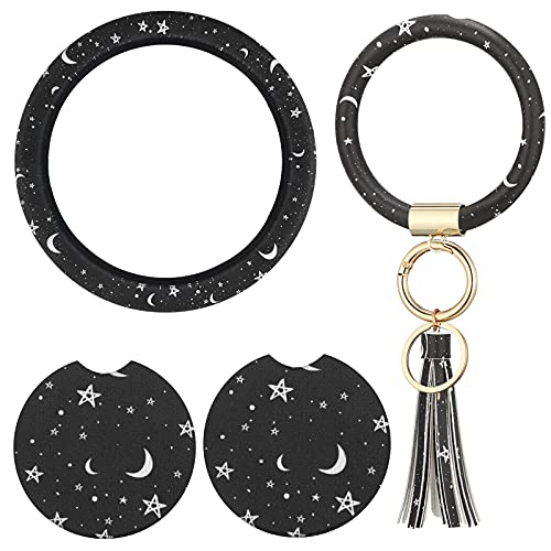 4 Pieces Black Moons White Stars Print Car Accessories Set Black Moons White Stars Steering Wheel Cover with 2 Pieces Car Cup Holder and Leather Keyring for Car Truck SUV 4 Pieces Black Moons White Stars Print Car Accessories Set Black Moons White Stars Steering Wheel Cover with 2 Pieces Car Cup Holder and Leather Keyring for Car Truck SUV