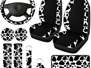 Cow Print Car Accessories Car Seat Cover for Women Men Cow Rubber Steering Wheel Cover Car Cup Holders Keyring Armrest Pad Seat Belt Pads Wrist Strap for Most Car