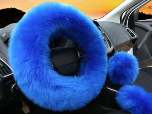 3Pcs Set Womens Winter Fashion Wool Fur Soft Furry Steering Wheel Covers Blue Fluffy Handbrake Cover Gear Shift Cover Fuzz Warm Non-slip Car Decoration Long Hair