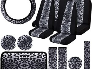 Tallew 15 Pieces Leopard Car Accessories Set Cheetah Print Seat Covers Full Set Black Grey Leopard Steering Wheel Cover Armrest Pad Car Holders Seat Belt Pads Keychain Universal Car Interior Decor