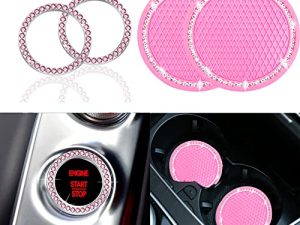4PCS Sets Pink Bling Car Cup Holder Coasters for Car & Shiny Pink Push to Start Button Cover Key Ignition Ring Universal Auto Cute Pink Car Accessories Interior Decor for Women