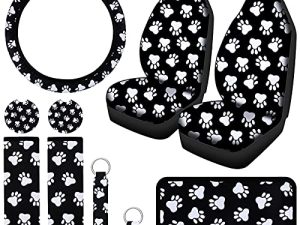 10 Pieces Dog Paw Car Accessories Set Dog Cat Paw Print Car Seat Covers Car Steering Wheel Cover Dog Paw Car Cup Holder Armrest Pad Cover Seat Belt Pads Key Chain Wrist Strap for Car SUV Truck