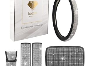 Bling Car Accessories Set - Pack of 5 - Rhinestone Steering Wheel Cover