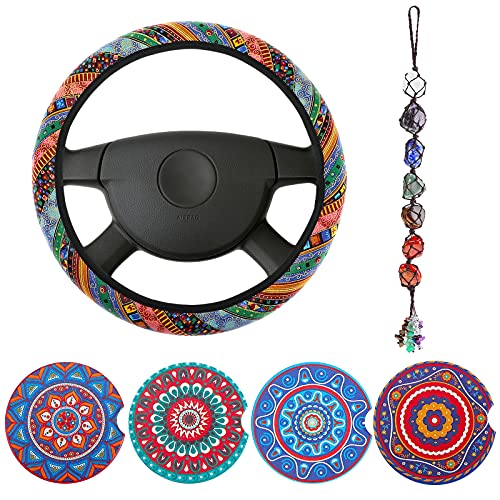 6 Piece Mandala Car Accessories Set Include Absorbent Mandala Ceramic Car Cup Mats Boho Steering Wheel Cover Handmade Crystal Window Car Hanging Ornaments for Women Car Decor (Vivid Style 6 Piece Mandala Car Accessories Set Include Absorbent Mandala Ceramic Car Cup Mats Boho Steering Wheel Cover Handmade Crystal Window Car Hanging Ornaments for Women Car Decor (Vivid Style