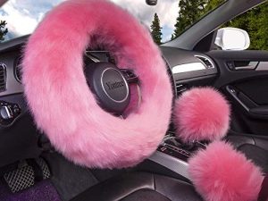Yontree Cute Fluffy Steering Wheel Covers for Women/Girls/Ladies Australia Pure Wool 15 Inch1 Set 3 Pcs (Pink)
