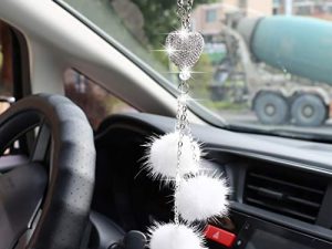 YIDEXIN Bling Car Accessories for Women £¦ Men Bling White Heart and Pink Fuzzy Drops Bling Rinestones Diamond Car Accessories Crystal Car Rear View Mirror Charms