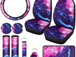 10 Pcs Galaxy Car Seat Covers Set Car Steering Wheel Cover Front Seat Covers Holders Keyring Armrest Pad Seat Belt Pads Wrist Strap Print Car Decor Accessories for Vehicle Car (Milky Way Style)