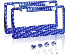 Gioyonil 2 Pack License Plate Frames: Stainless Steel Handcrafted Sapphire Bling Rhinestone Car Plate Frame with 4pcs Crystal Screw Caps & 4pcs Washers