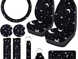 Frienda Moon Star Car Seat Cover for Women Men Rubber Steering Wheel Cover Seat Belt Pads Armrest Pad Cover Keychain Wrist Holder Fit Most Car SUV for Halloween (Simple Pattern)