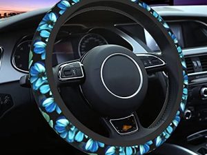 Blue Flower Steering Wheel Cover for Women Car Accessories Cute Girls Girly Universal 15 Inch Neoprene Auto Interior Decor Anti Slip Automotive Truck Protector