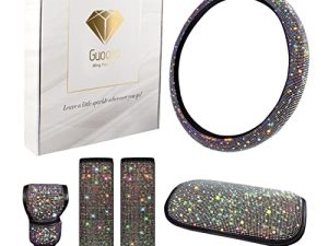 Bling Car Accessories Set - Pack of 5 - Rhinestone Steering Wheel Cover