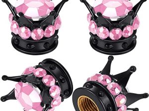 4 Pieces Bling Bling Valve Caps Handmade Crystal Rhinestone Crown Vehicle Car Tire Caps Covers Chrome