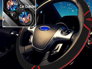 Ailidcopi Cute Cartoon Car Accessories – Steering Wheel Cover for Women with 2PCS Car Coasters – Car Steering Wheel Cover for Universal Fit 15 Inch for Men– Blue