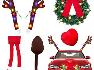 Yixin 6 Piece Car Reindeer Antlers Kit Christmas Ornament with LED Lights Hanging Santa Legs and Christmas Wreath Auto Accessories Christmas Car Decorations (red-6pcs)