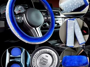 9 Pcs Bling Car Accessories Set Crystal Diamond Car Steering Wheel Cover Faux Fur Auto Center Console Pad Seat Belt Shoulder Pads Handbrake Cover with Rhinestone Ring Sticker