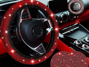 5 PCS Crystal Diamond Bling Steering Wheel Cover Car Coaster Rhinestone Sticker for Car Start Button Starter Ring Car Interior Accessories(Black with Diamond)