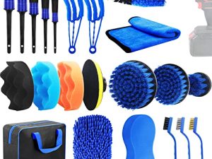 PL ZMPWLQ 22 pcs Car-Cleaning-Tool-Set Auto-Detail-Brush-Kit Car-Detailing-Brushes-Set Cleaning Car Kit Wash Brush Cleaning Tools Kit for Vehicles Inside & Outside Blue Car Detailing Brush Drill Brush