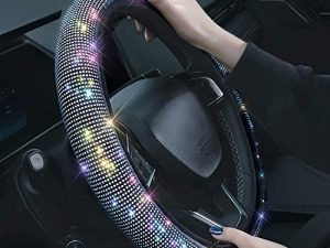 Bling Rhinestones Steering Wheel Cover with Crystal Diamond Sparkling Car SUV Breathable Anti-Slip Steering Wheel Protector for Women