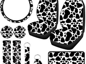 Cow Print Car Accessories Car Seat Cover for Women Men Cow Rubber Steering Wheel Cover Car Cup Holders Keyring Armrest Pad Seat Belt Pads Wrist Strap for Most Car