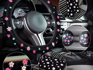 Tallew 10 Pcs Embroidery Cute Flower Car Accessories Set Floral Steering Wheel Cover Car Air Vent Clips Center Console Armrest Cushion Car Cup Mats Seat Belt Covers for Women Girls (Classic Style)