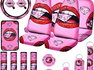 20 Pieces Red Lip Car Accessories Set Sparking Brilliant Diamond Car Seat Cover Steering Wheel Cover Seat Belt Cover Center Console Armrest Pad Car Coaster Keychain Vent Decor (Red)