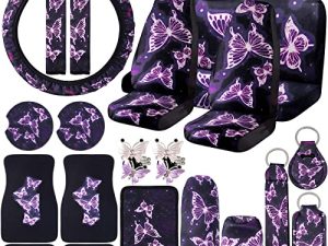 24 Pieces Butterfly Car Accessories Purple Butterfly Print Car Seat Covers Full Set Car Floor Mats Steering Wheel Cover Center Console Pad Cup Holders Seat Belt Pads for Women Girl Car Interior Decor