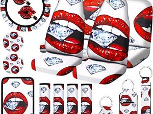 20 Pieces Red Lip Car Accessories Set Sparking Brilliant Diamond Car Seat Cover Steering Wheel Cover Seat Belt Cover Center Console Armrest Pad Car Keychain Vent Decor (White)