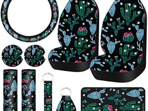 Cactus Car Seat Covers for Women Man Cute Rubber Car Steering Wheel Cover Center Console Armrest Cover Armrest Pad Seat Belt Pad Cactus Print Car Accessories Keyring Wrist Strap for Car SUV Auto