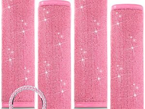 Frienda 4 Pieces Bling Bling Rhinestone Leather Car Seat Belt Shoulder Pads Crystal Diamonds Soft Velvet Handcraft Seatbelt Covers with Start Button Ring Sticker Car Accessories for Women (Pink)