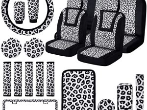 Frienda 24 Pcs Leopard Car Seat Cover Full Set Leopard Car Accessories Steering Wheel Cover Metal License Plate Cover Headrest Seat Belt Cover Armrest Pad Handbrake Gear Cover Keyring (White Black)