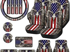 Tallew 19 Pieces American Flag Car Accessories Set American Flag Wood Deer Skull Camo Car Seat Covers Full Set Steering Wheel Cover Floor Mats Armrest Pads Car Holders for Car SUV Interior Decor