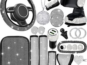 24 PCS Bling Car Accessories Set for Women Bling Steering Wheel Cover Dual USB Car Charger Car Phone Mount Holder Rear View Mirror Cover Center Console Cover Rhinestone Seat Belt Pads for Car Decor