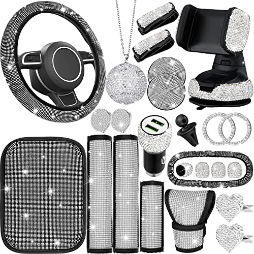 24 PCS Bling Car Accessories Set for Women Bling Steering Wheel Cover Dual USB Car Charger Car Phone Mount Holder Rear View Mirror Cover Center Console Cover Rhinestone Seat Belt Pads for Car Decor 24 PCS Bling Car Accessories Set for Women Bling Steering Wheel Cover Dual USB Car Charger Car Phone Mount Holder Rear View Mirror Cover Center Console Cover Rhinestone Seat Belt Pads for Car Decor