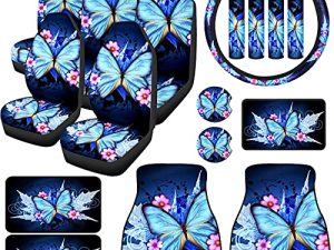 38 Pcs Butterfly Car Seat Covers Full Set for Women Butterfly Universal Car Accessories Rubber Steering Wheel Cover Gear Shift Front Rear Foot Mats Armrest Shoulder Pads for Cars SUV(Blue)