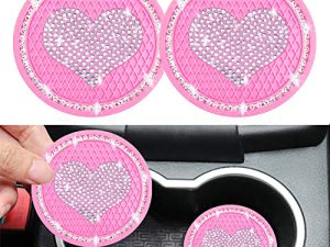 2 Pack Loving Heart Pink Car Coasters Cute Sparkly Pink Car Accessories for Women Rhinestone Car Cup Holder Coasters 2.75 Inch Ladies Car Interior Accessories Gift for Her