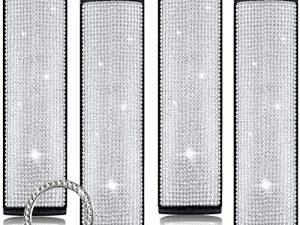 Frienda 4 Pieces Bling Bling Rhinestone Leather Car Seat Belt Shoulder Pads Crystal Diamonds Soft Velvet Handcraft Seatbelt Covers with Start Button Ring Sticker Car Accessories for Women (White)